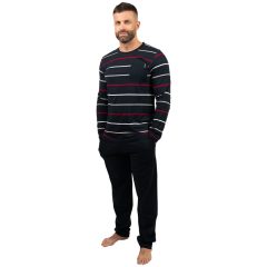   J.Press Men's Long Pajama Set with Round Neck and Navy Striped Top - Navy