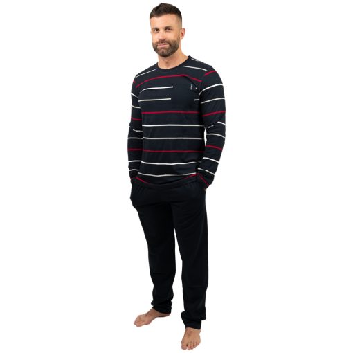 J.Press Men's Long Pajama Set with Round Neck and Navy Striped Top - Navy