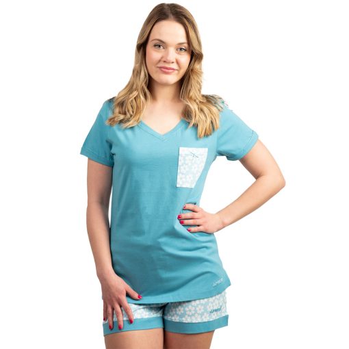 J.Press Women's Short Pajama Set with V-Neck Solid Light Blue Top and Light Blue Floral Bottoms - Light Blue
