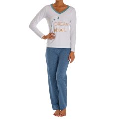   J.Press Women’s Long-Sleeve Top with Lace Neckline and Long Pants with Pockets - White/Blue